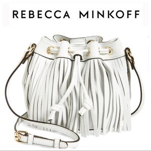 REBECCA MINKOFF WHITE MICRO LEXI FRINGE BUCKET BAG